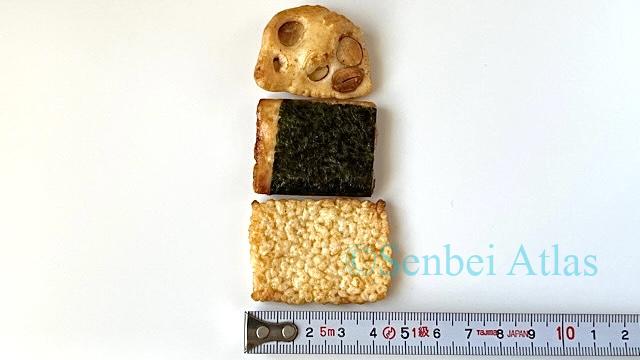 Three types of Japanese rice crackers (Arare) next to a measuring tape, all under 5cm in size.
