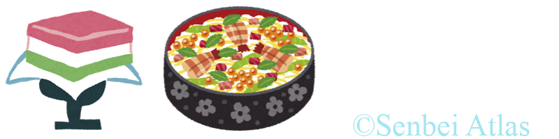 An illustration of traditional Hinamatsuri (ひな祭り) foods, including Hishi-mochi (ひしもち) and Chirashi-zushi (ちらし寿司).