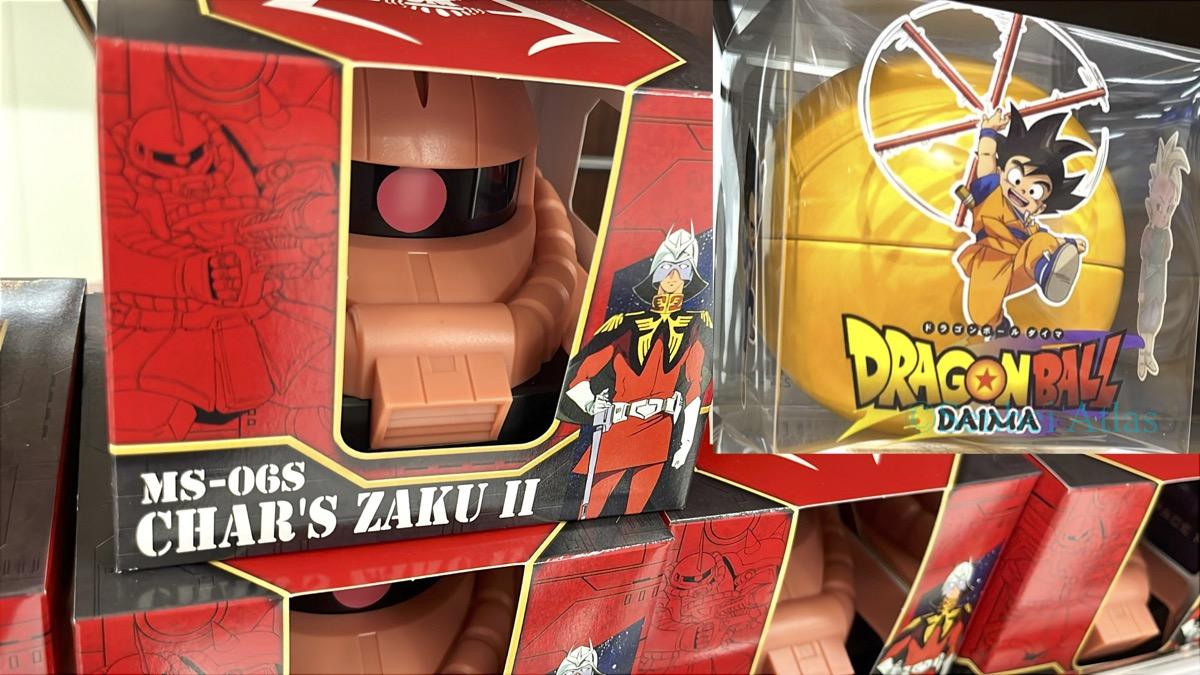 Valentine's Day anime chocolates: 'Char Aznable's Zaku II Head Case' (シャア専用ザクチョコケース) and 'Dragon Ball DAIMA Choco Crunch Tin' (ドラゴンボールDAIMAチョコクランチ缶).
