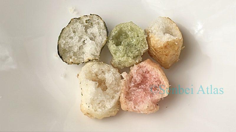 Cross-section of five types of Hina-arare (ひなあられ) snacks made from glutinous rice (Mochigome).