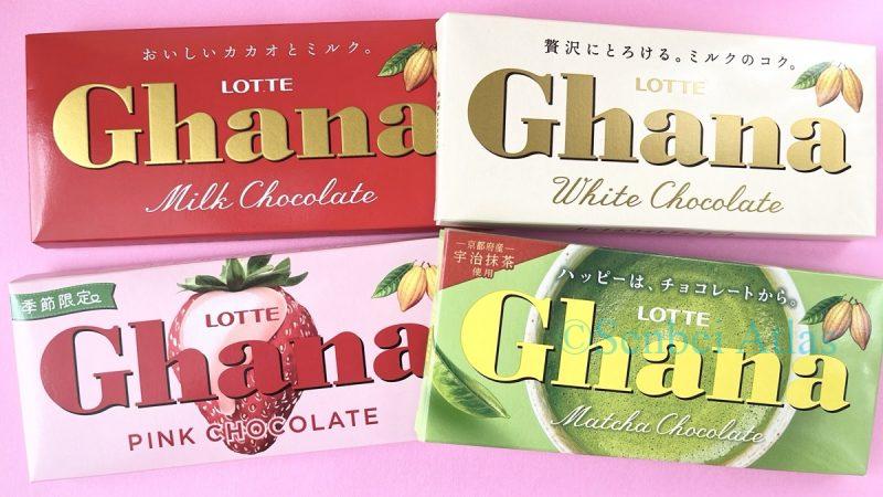 Packages of four different chocolate bars: strawberry, matcha, milk, and white chocolate.