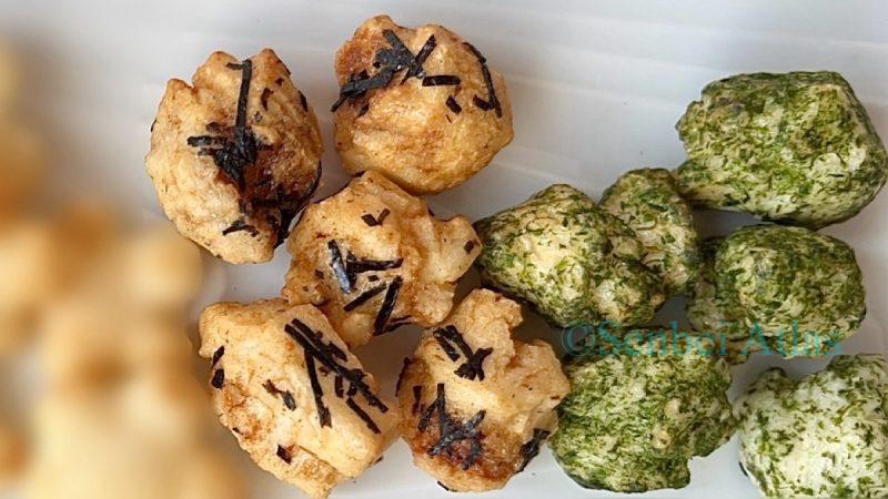 Round Hina-arare (ひなあられ) with black nori and a generous coating of aonori from Ginza Akebono (銀座あけぼの).