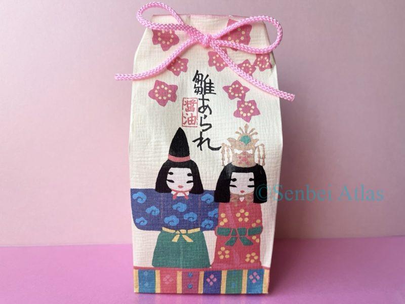 The outer packaging of Ginza Akebono (銀座あけぼの) Hina-arare (ひなあられ) Shoyu-arare (醤油あられ).