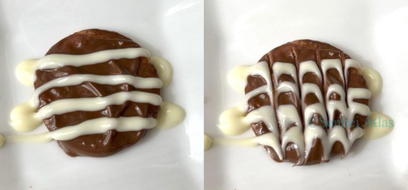 Side-by-side photos showing the process of drawing white chocolate lines on senbei and creating a marbled pattern with a Bamboo Skewer.