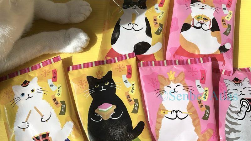 Six types of Kaldi (カルディ) Hinya-arare (ひにゃあられ) packages with a white cat lying down next to them.