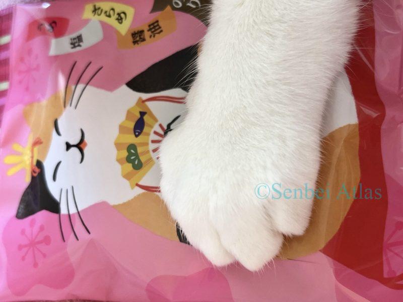 A white cat paw resting on a Kaldi (カルディ) Hinya-arare (ひにゃあられ) package.