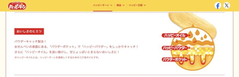 Screenshot of the Happy Turn (ハッピーターン) official website describing the secrets of its powder.