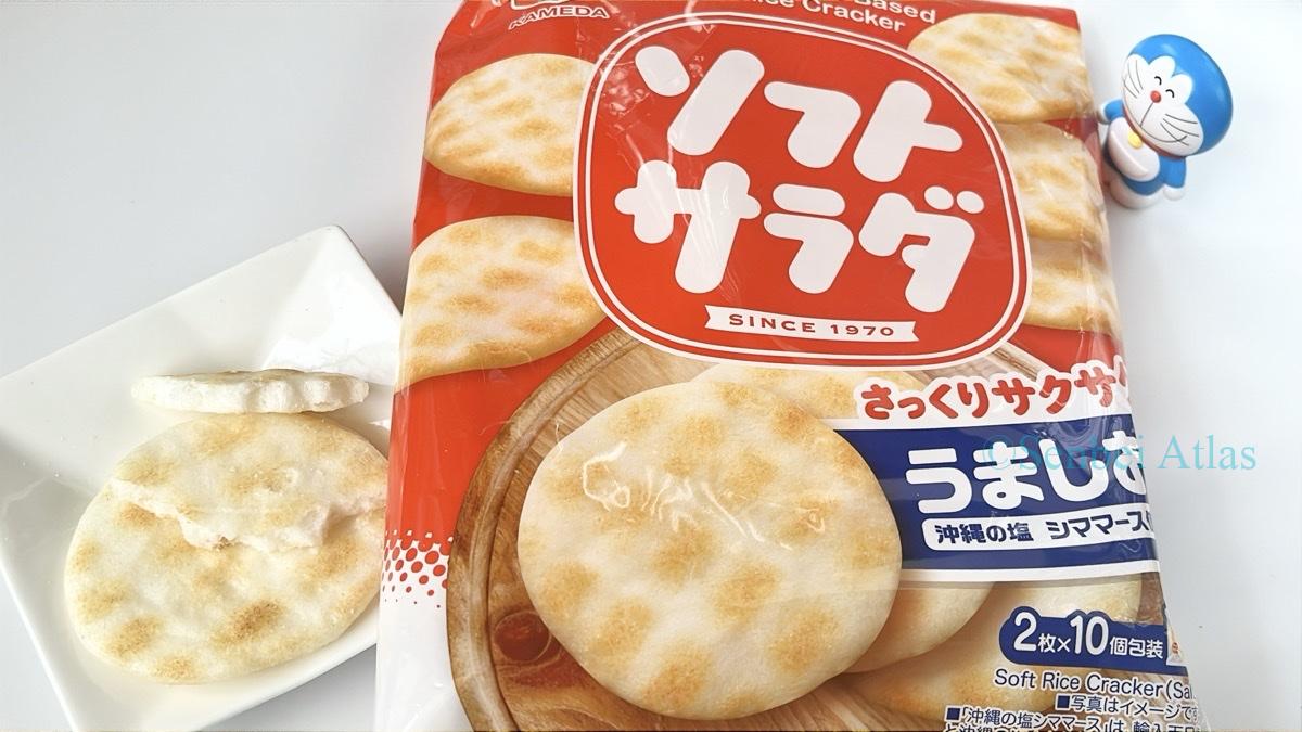Soft Salad (ソフトサラダ) package and its cross-section on a plate with a Doraemon (ドラえもん) figure.