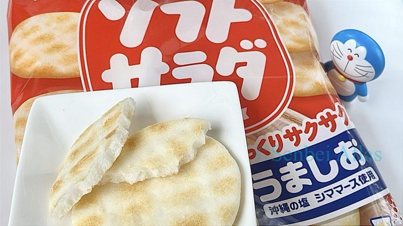 Soft Salad (ソフトサラダ) package and its cross-section on a plate with a Doraemon (ドラえもん) figure.