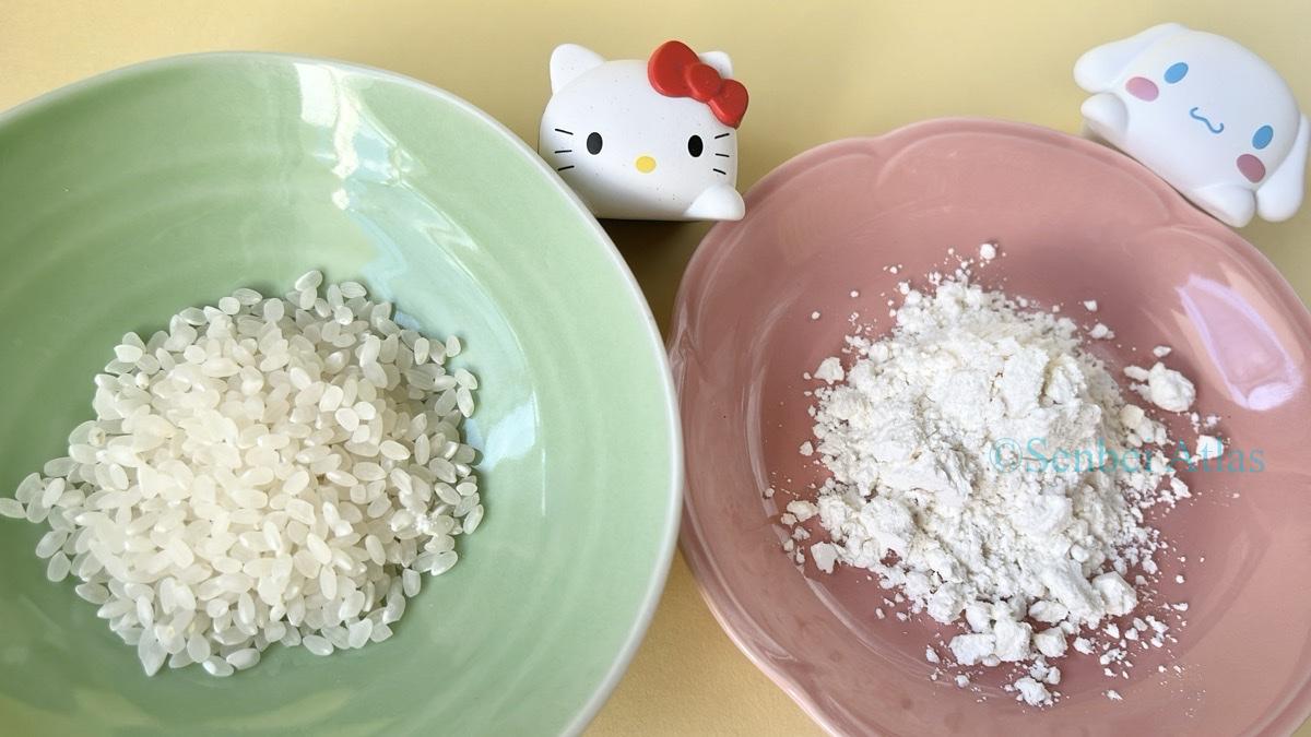 Rice and wheat flour comparison with Hello Kitty（ハローキティ） and Cinnamoroll（シナモロール） on the side